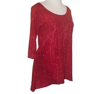 🎈 Pretty Red on Red Tie Dye Popover Top Sequin Embellishment Silky 3/4 Sleeve